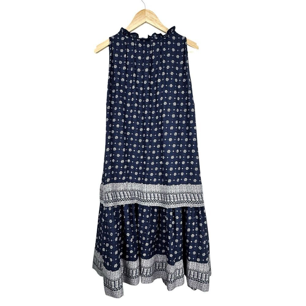French Connection Dress XS Navy Floral High Neck Keyhole Peasant Boho Cottage - Picture 3 of 16